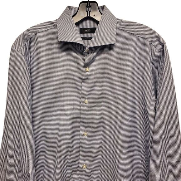 BOSS Hugo Boss Shirt Mens 41 White Gray Slim Fit Egyptian Cotton Button Up - Picture 2 of 8